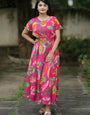 Pink Leaf Printed Georgette Party Wear Dress