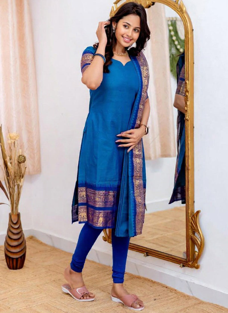 Kanchi Cotton Blue Weaving Casual Kurta And Dupatta