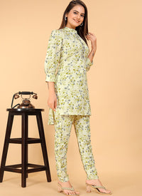 Light Green Cotton Printed Embroidered Cord Set