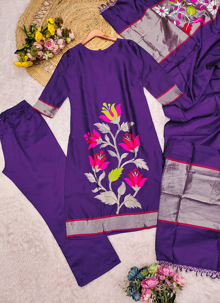 Purple Blended Silk Weaving Kurta Set