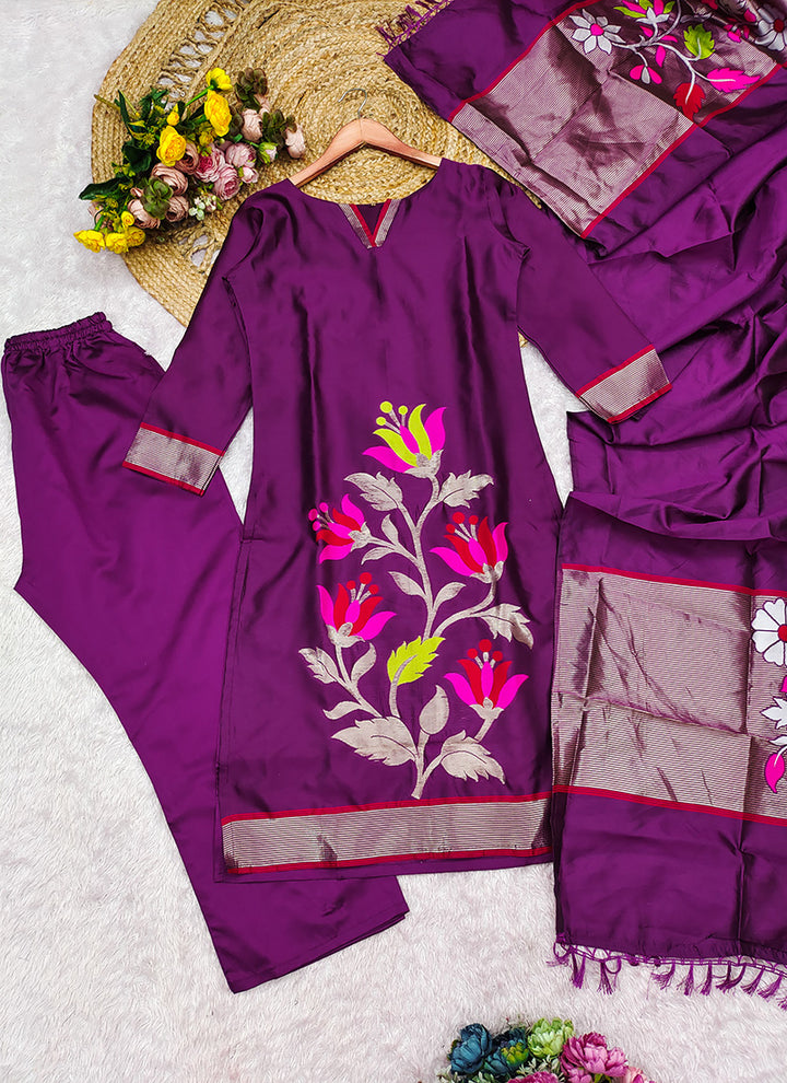 WIne Blended Silk Weaving Kurta Set