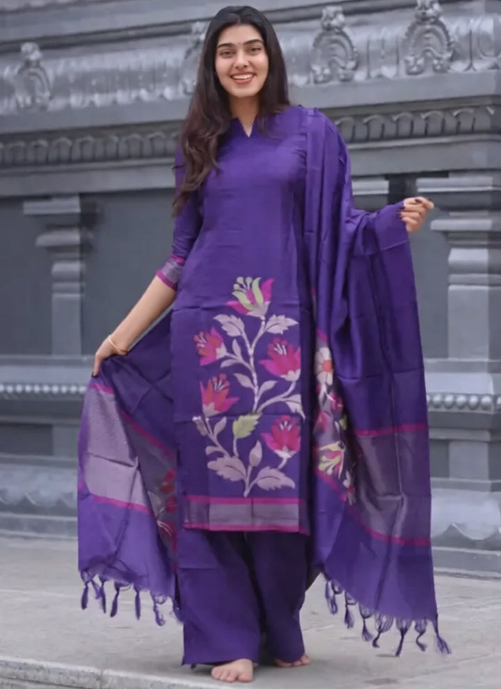 Purple Blended Silk Weaving Kurta Set