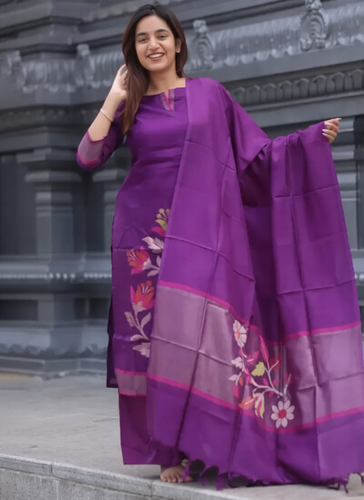 WIne Blended Silk Weaving Kurta Set