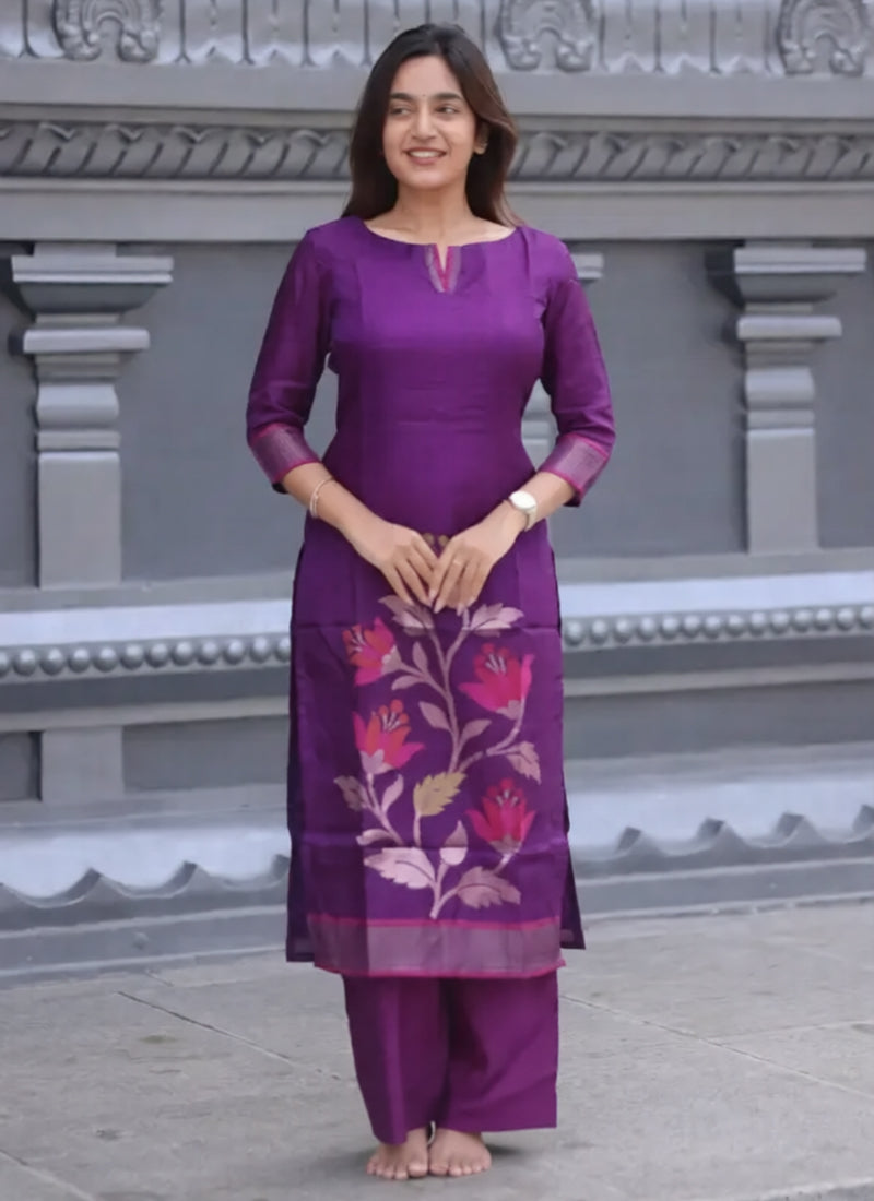 WIne Blended Silk Weaving Kurta Set