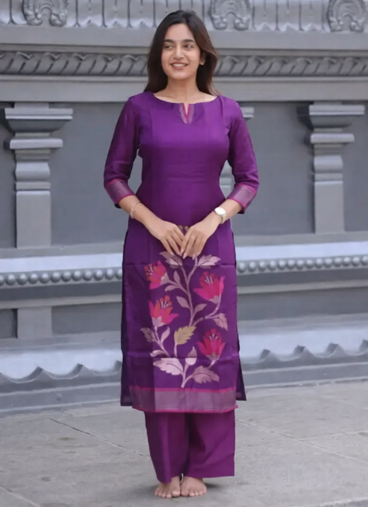 WIne Blended Silk Weaving Kurta Set