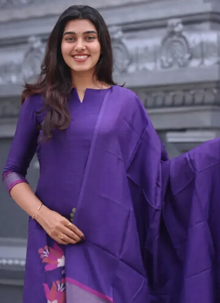Purple Blended Silk Weaving Kurta Set