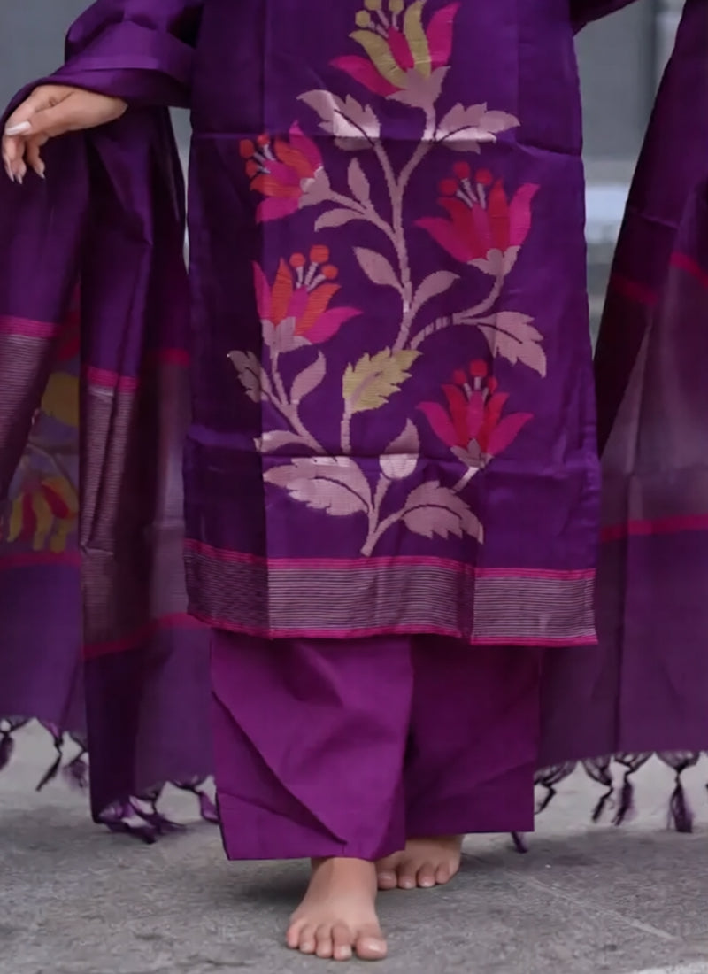 WIne Blended Silk Weaving Kurta Set