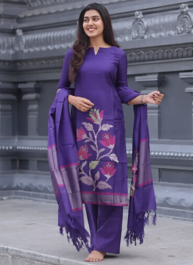 Purple Blended Silk Weaving Kurta Set