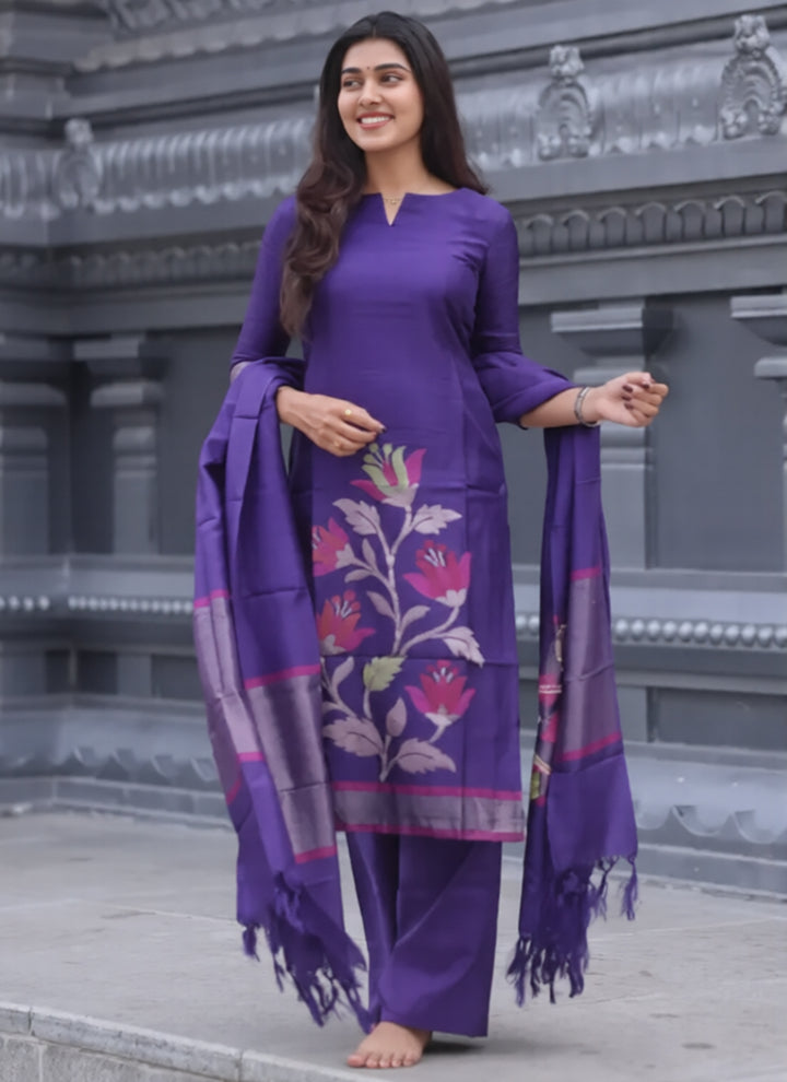 Purple Blended Silk Weaving Kurta Set