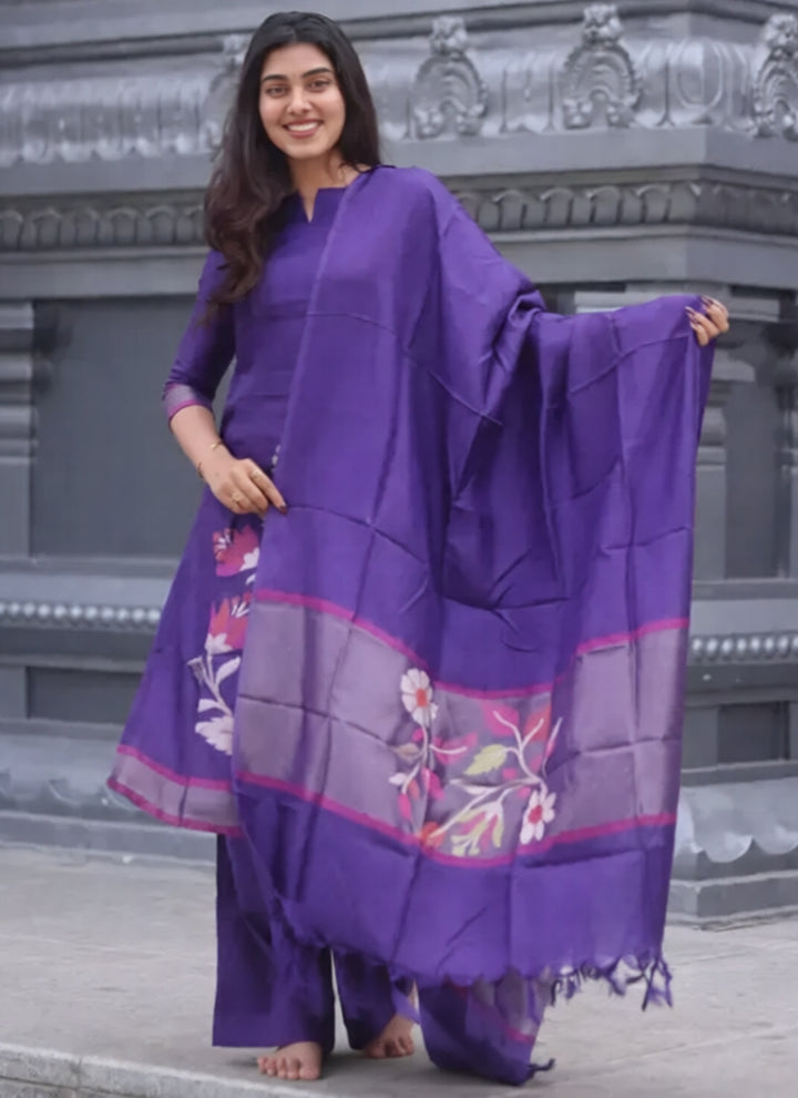 Purple Blended Silk Weaving Kurta Set