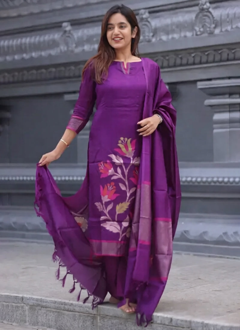 WIne Blended Silk Weaving Kurta Set