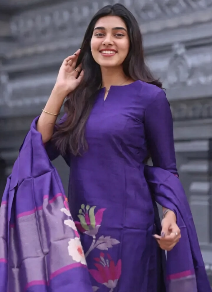Purple Blended Silk Weaving Kurta Set