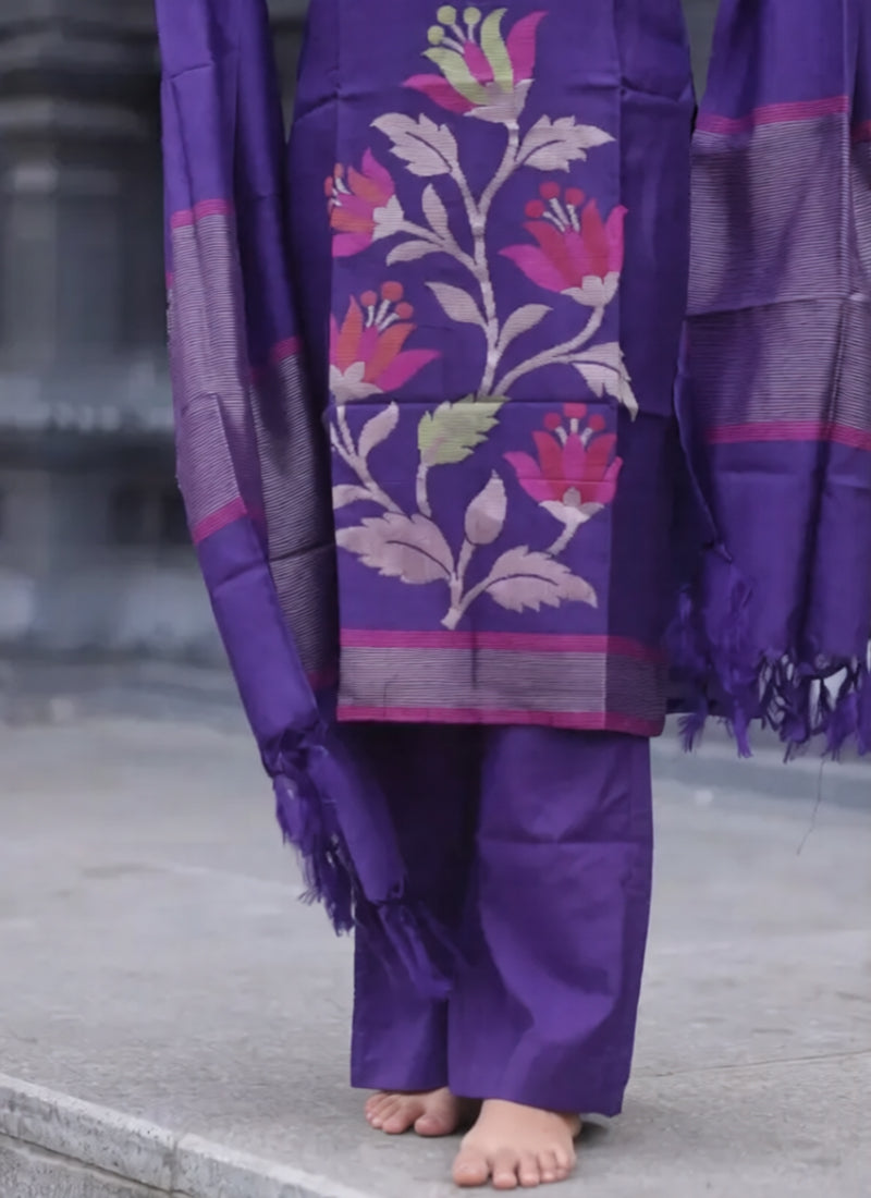 Purple Blended Silk Weaving Kurta Set