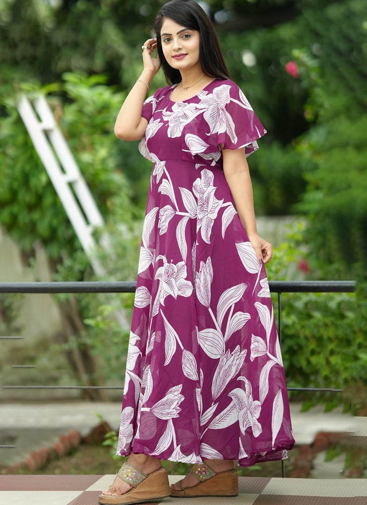 Purple Flower Printed Georgette Party Wear Dress