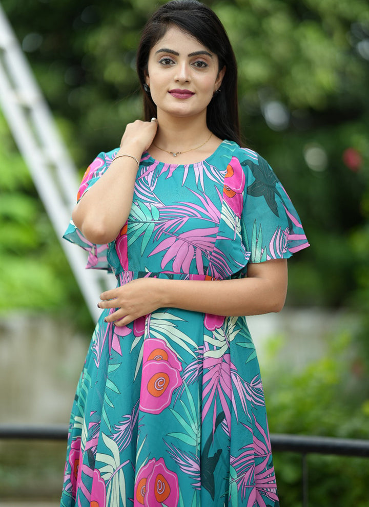 Turquoise Printed Georgette Party Wear Dress