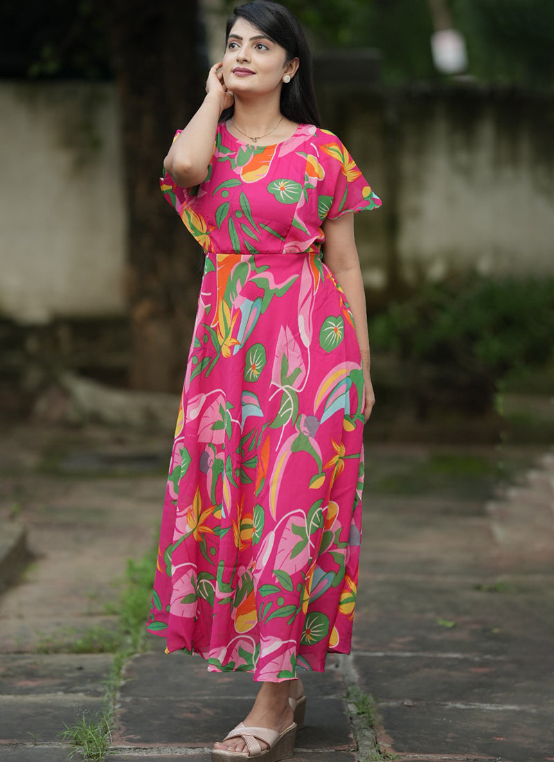 Pink Leaf Printed Georgette Party Wear Dress