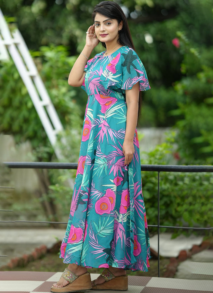 Turquoise Printed Georgette Party Wear Dress