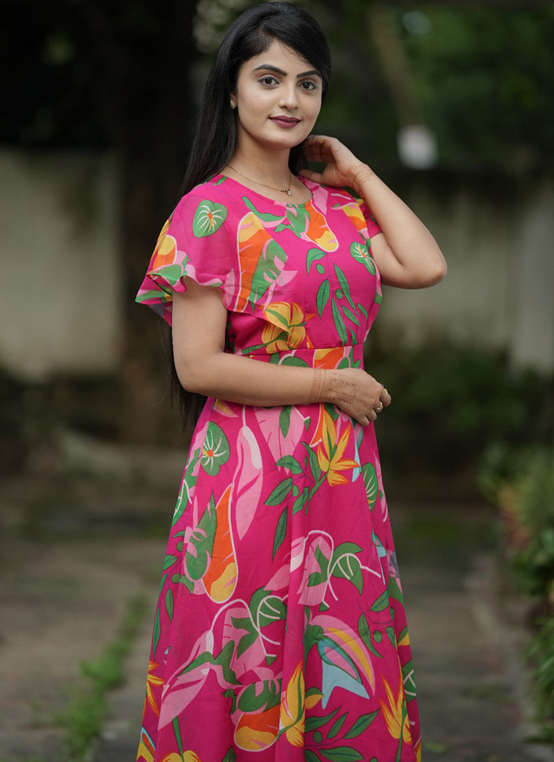 Pink Leaf Printed Georgette Party Wear Dress