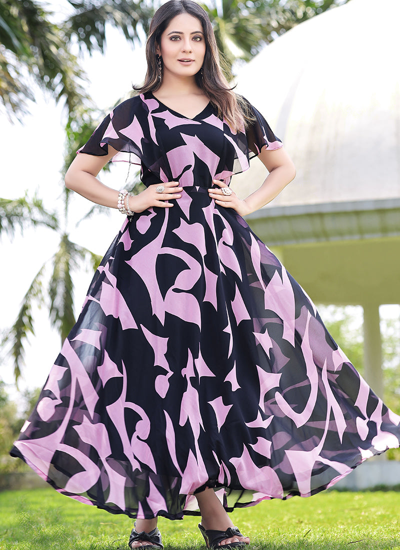 Charming Lavender Black Color Ankle Length Georgette Maxi Dress