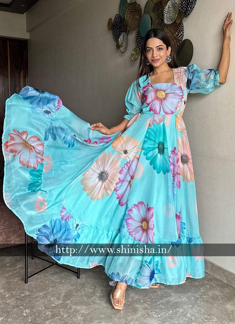 Sea Green Flower Printed Organza Partywear Maxi Dress