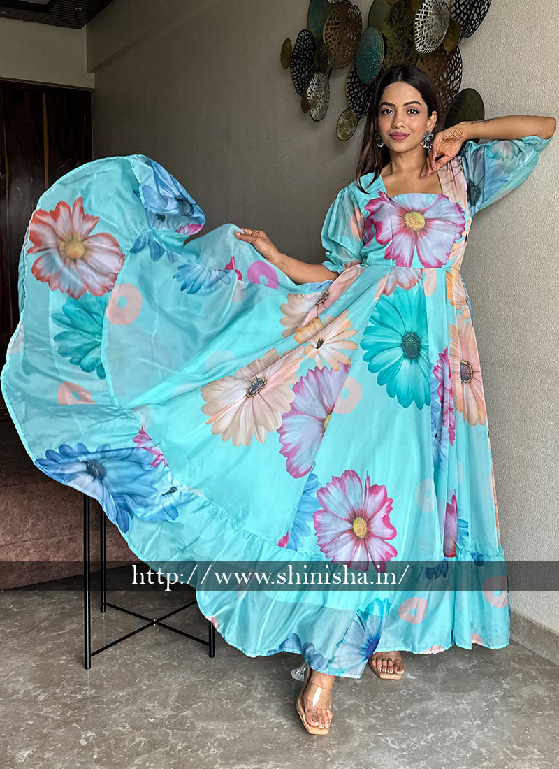 Sea Green Flower Printed Organza Partywear Maxi Dress