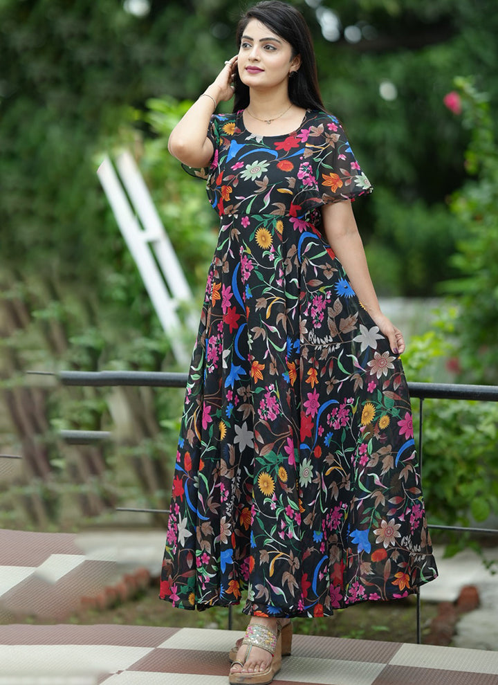 Multi Floral Bloom Printed Georgette Maxi Dress