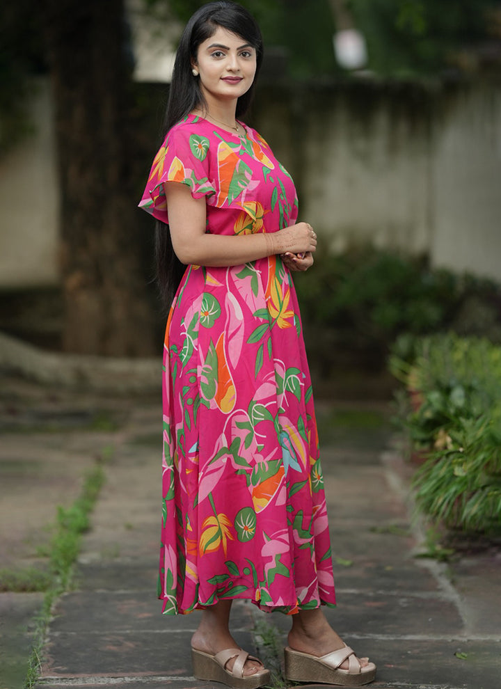 Pink Leaf Printed Georgette Party Wear Dress