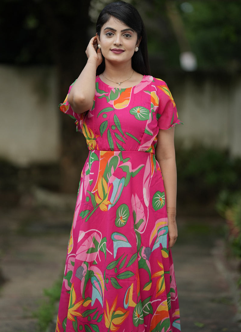 Pink Leaf Printed Georgette Party Wear Dress