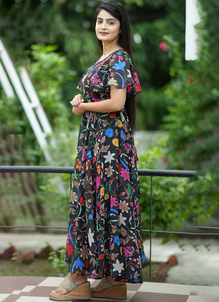 Multi Floral Bloom Printed Georgette Maxi Dress