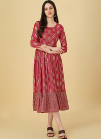 Red Rayon Foil Printed Party Wear Dress