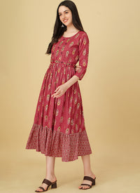 Red Rayon Foil Printed Party Wear Dress