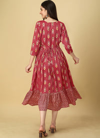 Red Rayon Foil Printed Party Wear Dress