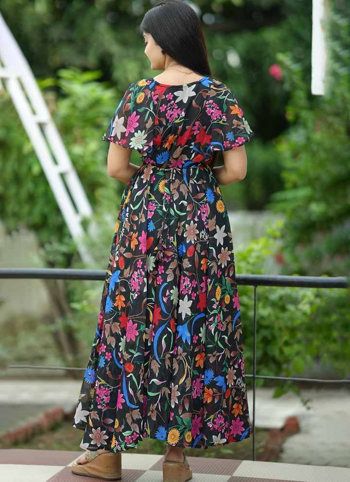 Multi Floral Bloom Printed Georgette Maxi Dress