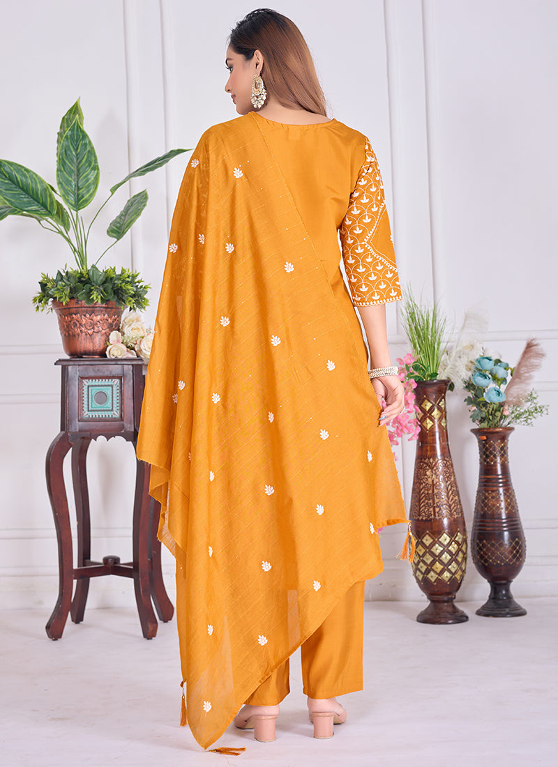 Cotton Embroidered Mustard Yellow Festive Wear Kurta Set