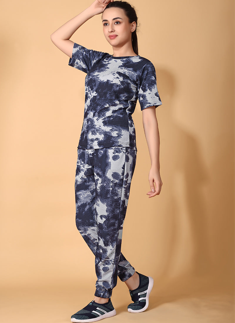 Navy Blue Cotton Lycra Printed Cord Set