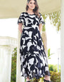 Stylish White & Black Color Irregular Digital Print Georgette Maxi Dress