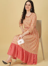 Light Orange Rayon Foil Printed Party Wear Dress