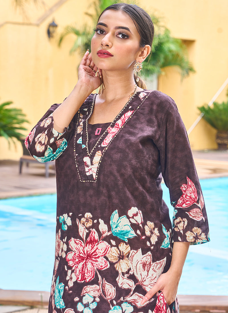 Wine Cotton Embroidered Festive Wear Cord Set