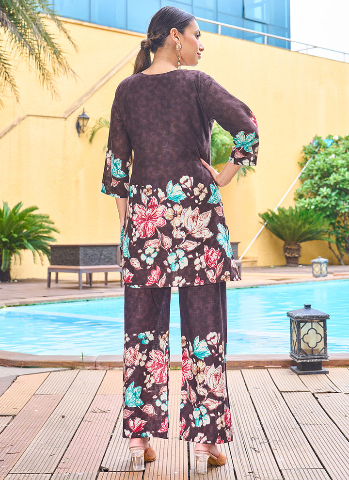 Wine Cotton Embroidered Festive Wear Cord Set