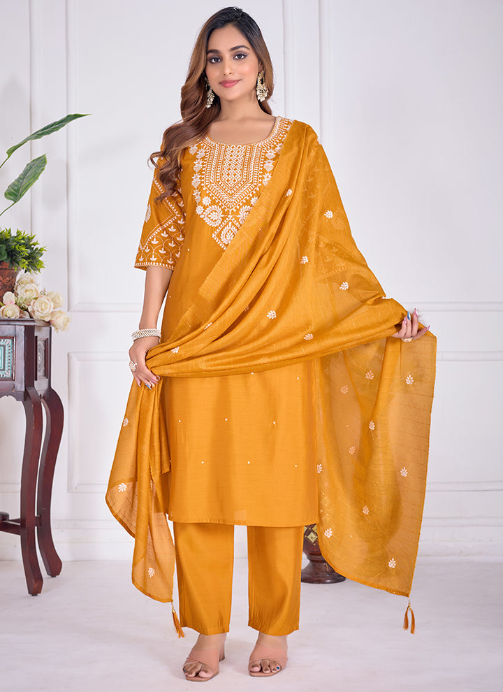 Cotton Embroidered Mustard Yellow Festive Wear Kurta Set