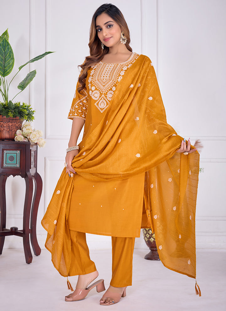 Cotton Embroidered Mustard Yellow Festive Wear Kurta Set
