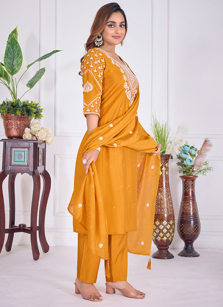 Cotton Embroidered Mustard Yellow Festive Wear Kurta Set