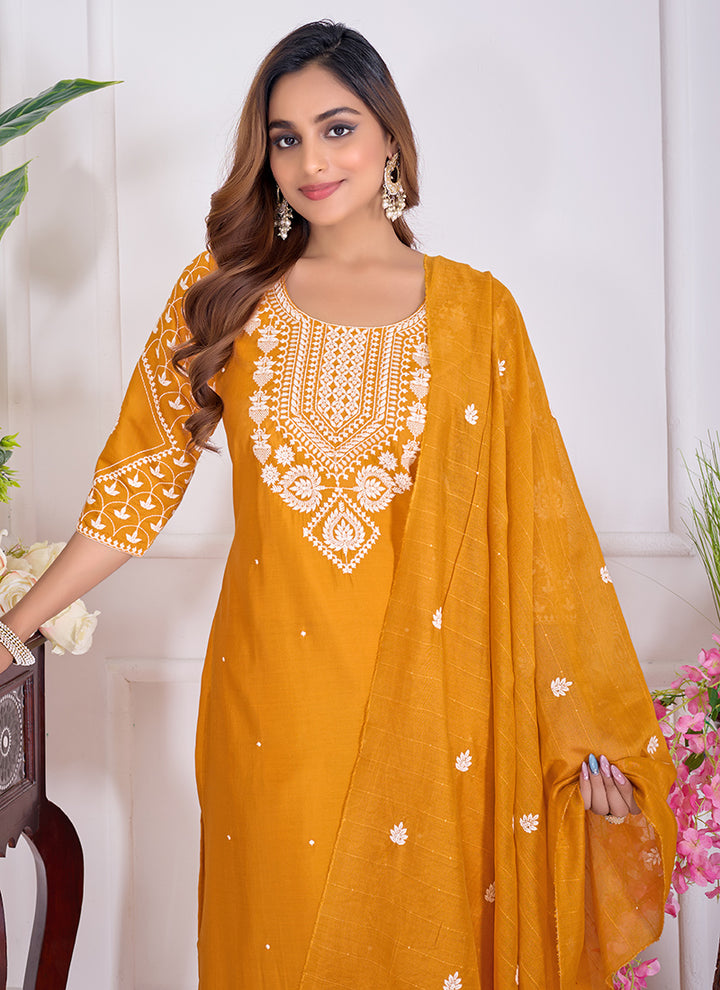 Cotton Embroidered Mustard Yellow Festive Wear Kurta Set