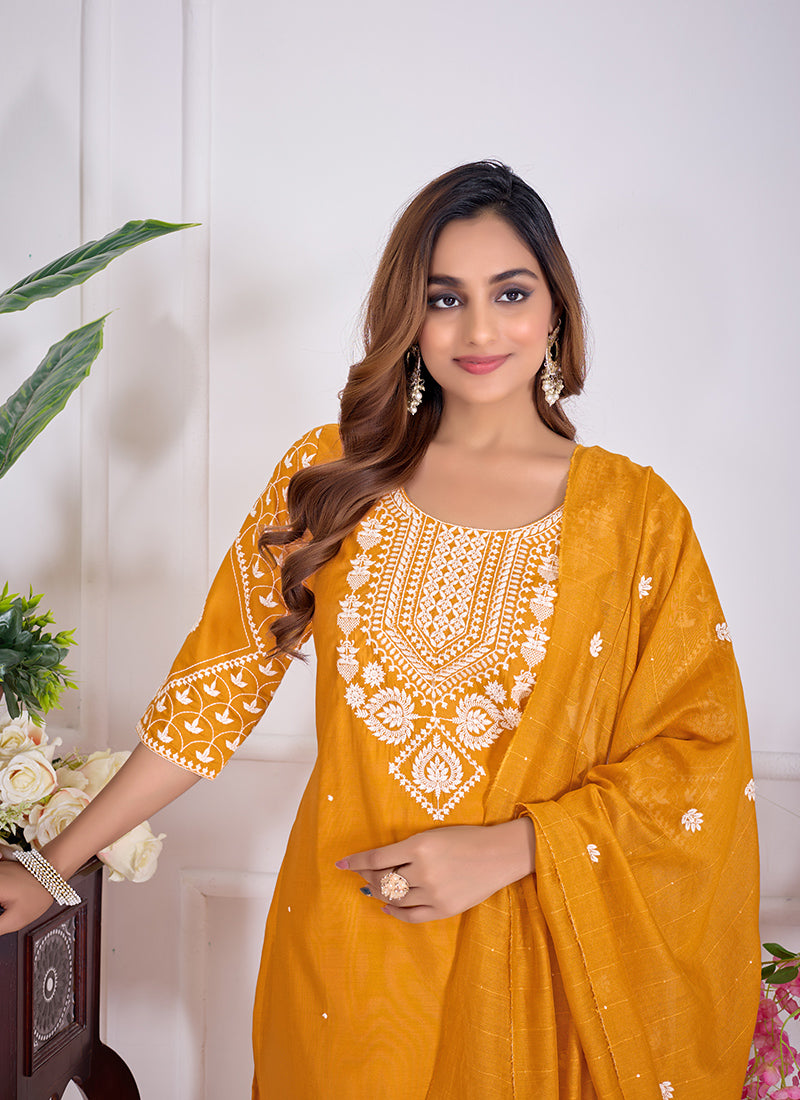 Cotton Embroidered Mustard Yellow Festive Wear Kurta Set