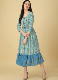 Blue Rayon Foil Printed Party Wear Dress