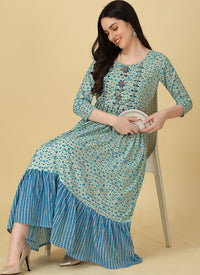 Blue Rayon Foil Printed Party Wear Dress