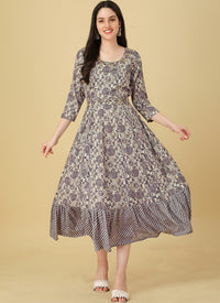 Light Purple Rayon Foil Printed Party Wear Dress