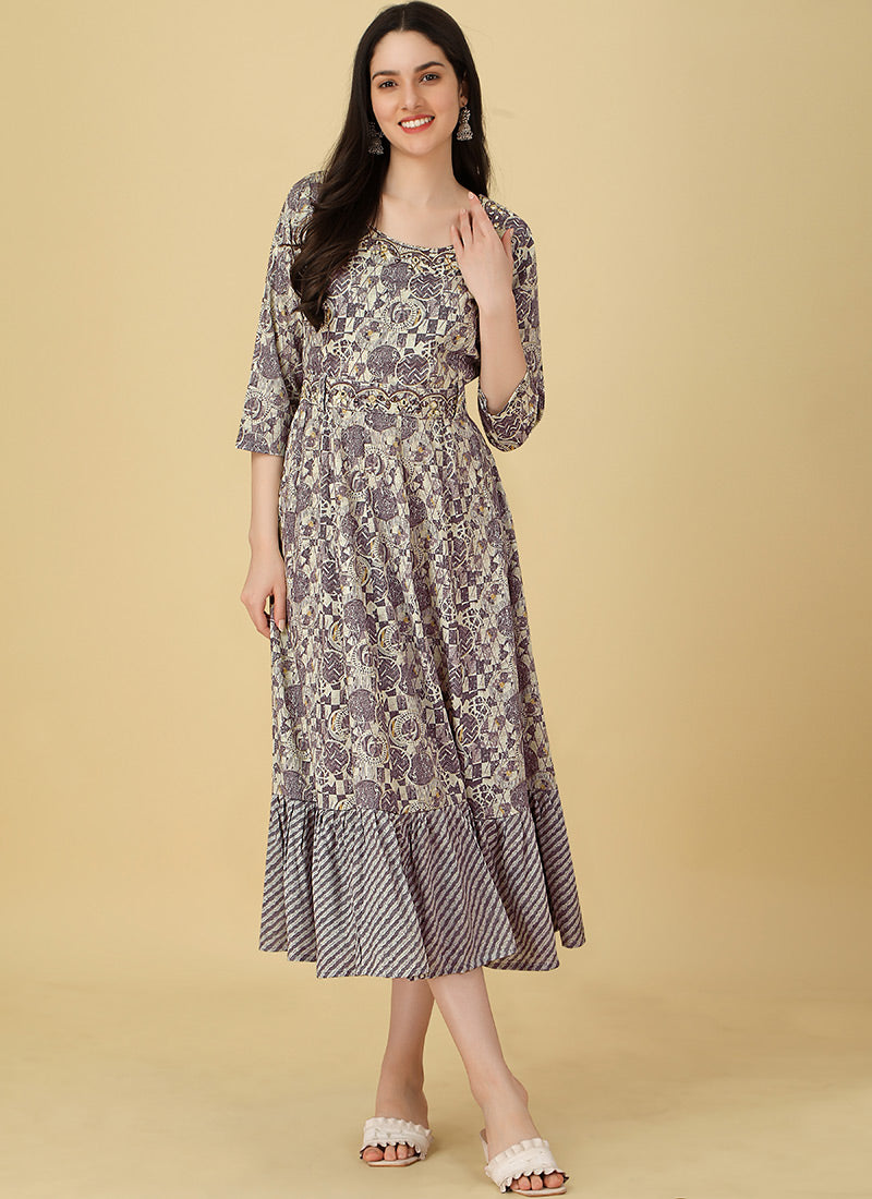 Light Purple Rayon Foil Printed Party Wear Dress