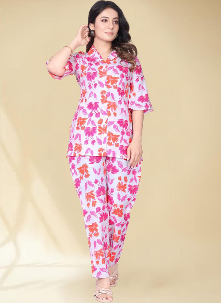 Pink Color Printed Bell Sleeve Cotton Cord Set