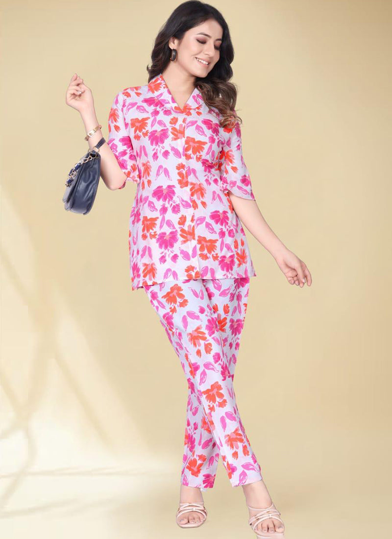 Pink Color Printed Bell Sleeve Cotton Cord Set